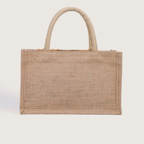 Boho Sequin Embroidered Burlap Medium Size Tote Bag - Picture 7 of 11